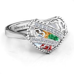 Caged Hearts Ring with 2-6 Stones in 925 Sterling Silver with Garnet, Emerald, Aquamarine, Citrine, Smokey Quartz, and Pink Tourmaline