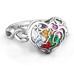 Caged Hearts Ring with 2-6 Stones in 925 Sterling Silver with Garnet, Emerald, Aquamarine, Citrine, Smokey Quartz, and Pink Tourmaline
