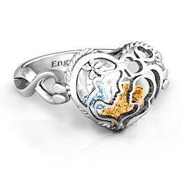 Caged Hearts Ring with 2-6 Stones in 925 Sterling Silver with Citrine, Aquamarine, Smokey Quartz, and Pink Tourmaline