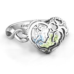 Caged Hearts Ring with 2-6 Stones in 925 Sterling Silver with Peridot, Aquamarine, Citrine, Smokey Quartz, and Pink Tourmaline