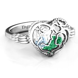 Caged Hearts Ring with 2-6 Stones in 925 Sterling Silver with Emerald, Aquamarine, Citrine, Smokey Quartz, and Pink Tourmaline