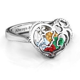 Caged Hearts Ring with 2-6 Stones in 925 Sterling Silver with Garnet, Emerald, Aquamarine, Citrine, Smokey Quartz, and Pink Tourmaline