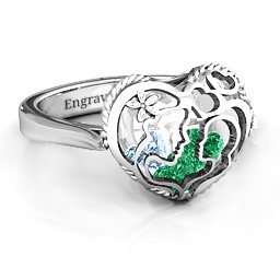 Caged Hearts Ring with 2-6 Stones in 925 Sterling Silver with Emerald, Aquamarine, Citrine, Smokey Quartz, and Pink Tourmaline