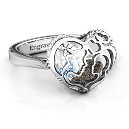 Caged Hearts Ring with 2-6 Stones in 925 Sterling Silver with Smokey Quartz, Aquamarine, Citrine, and Pink Tourmaline