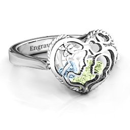 Caged Hearts Ring with 2-6 Stones in 925 Sterling Silver with Peridot, Aquamarine, Citrine, Smokey Quartz, and Pink Tourmaline