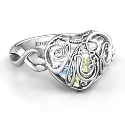 Caged Hearts Ring with 2-6 Stones in 925 Sterling Silver with Peridot, Aquamarine, Citrine, Smokey Quartz, and Pink Tourmaline