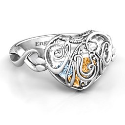 Caged Hearts Ring with 2-6 Stones in 925 Sterling Silver with Citrine, Aquamarine, Smokey Quartz, and Pink Tourmaline