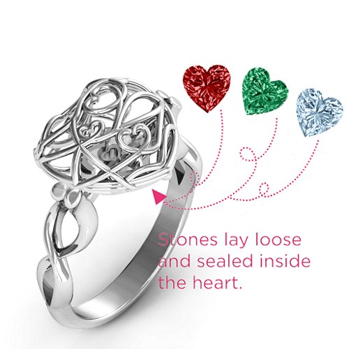 Encased in Love Caged Hearts Ring with Infinity Band – Sterling Silver with Garnet, Emerald, and Aquamarine