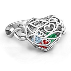 Encased in Love Caged Hearts Ring with Infinity Band – 10K Yellow Gold with Garnet, Emerald, and Aquamarine