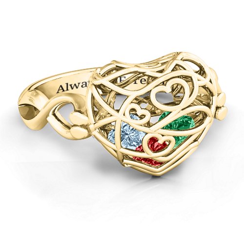 Encased in Love Caged Hearts Ring with Infinity Band – 10K Yellow Gold with Garnet, Emerald, and Aquamarine