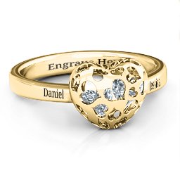 Petite Caged Hearts Ring with 1-3 Stones in 10K Solid Yellow Gold with Cubic Zirconia, Aquamarine, Citrine, Smokey Quartz, and Pink Tourmaline