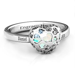 Petite Caged Hearts Ring with 1-3 Stones in 925 Sterling Silver with Opal, Aquamarine, Citrine, Smokey Quartz, and Pink Tourmaline