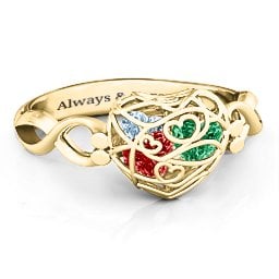 Petite Caged Hearts Ring with 1-3 Stones in 10K Solid Yellow Gold with Garnet, Emerald, Aquamarine, Citrine, Smokey Quartz, and Pink Tourmaline