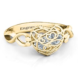 Petite Caged Hearts Ring with 1-3 Stones in 10K Solid Yellow Gold with Cubic Zirconia, Aquamarine, Citrine, Smokey Quartz, and Pink Tourmaline