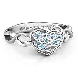 Petite Caged Hearts Ring with 1-3 Stones in 925 Sterling Silver with Aquamarine, Citrine, Smokey Quartz, and Pink Tourmaline