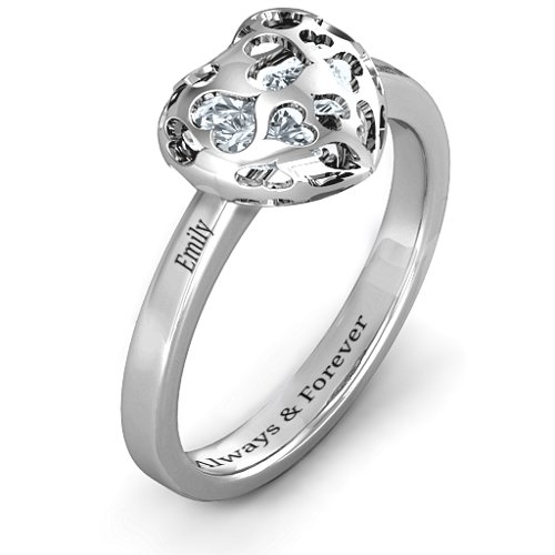 Heart Cut-out Petite Caged Hearts Ring with Classic with Engravings Band