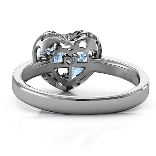 Heart Cut-out Petite Caged Hearts Ring with Classic Band – Sterling Silver with Aquamarine