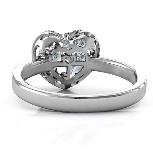 Heart Cut-out Petite Caged Hearts Ring with Classic with Engravings Band