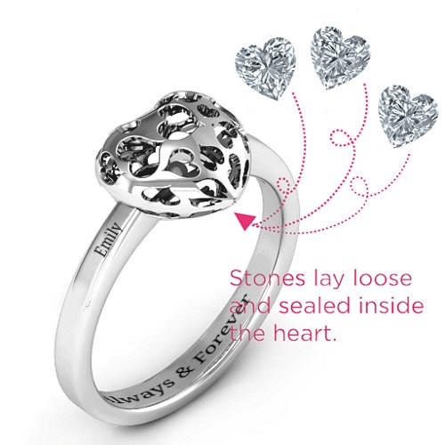 Heart Cut-out Petite Caged Hearts Ring with Classic with Engravings Band