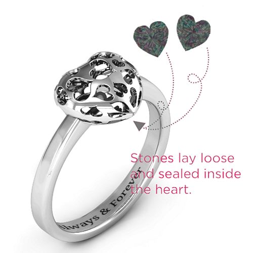 Heart Cut-out Petite Caged Hearts Ring with Classic Band – Sterling Silver with Alexandrite