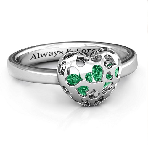 Heart Cut-out Petite Caged Hearts Ring with Classic Band – Sterling Silver with Emerald