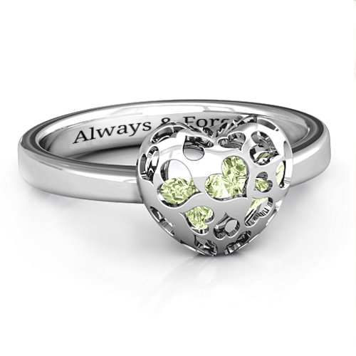 Heart Cut-out Petite Caged Hearts Ring with Classic Band – Sterling Silver with Peridot