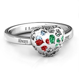 Petite Caged Hearts Ring with 1-3 Stones in 925 Sterling Silver with Garnet, Emerald, Aquamarine, Citrine, Smokey Quartz, and Pink Tourmaline