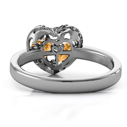 Heart Cut-out Petite Caged Hearts Ring with Classic Band – Sterling Silver with Citrine