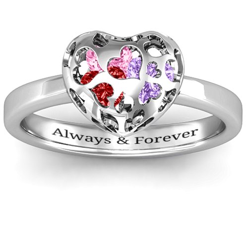 Heart Cut-out Petite Caged Hearts Ring with Classic Band – Sterling Silver with Garnet, Amethyst, and Pink Tourmaline