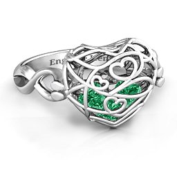 Caged Hearts Ring with 2-6 Stones in 925 Sterling Silver with Emerald