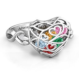 Caged Hearts Ring with 2-6 Stones in 925 Sterling Silver