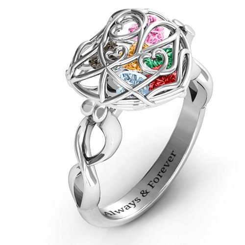 Encased in Love Caged Hearts Ring with Infinity Band – Sterling Silver with Garnet, Emerald, Aquamarine, Citrine, Smokey Quartz, and Pink Tourmaline