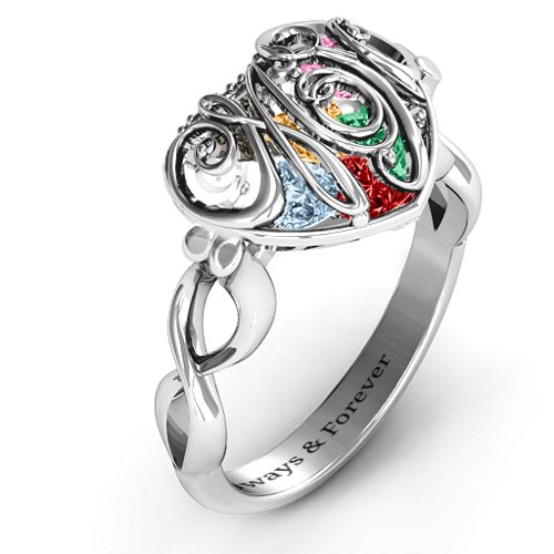 Cursive Mom Caged Hearts Ring with Infinity Band – Sterling Silver with Garnet, Emerald, Aquamarine, Citrine, Smokey Quartz, and Pink Tourmaline