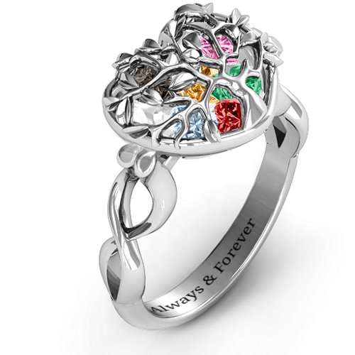 Family Tree Caged Hearts Ring with Infinity Band – Sterling Silver with Garnet, Emerald, Aquamarine, Citrine, Smokey Quartz, and Pink Tourmaline