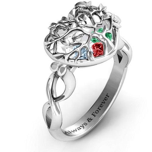 Family Tree Caged Hearts Ring with Infinity Band – Sterling Silver with Garnet, Emerald, and Aquamarine