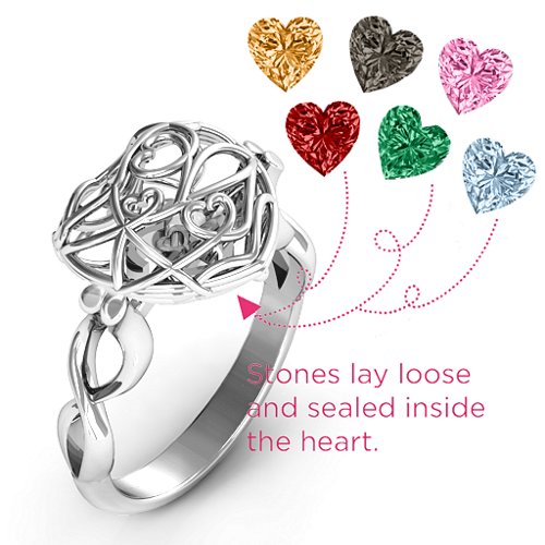 Encased in Love Caged Hearts Ring with Infinity Band – Sterling Silver with Garnet, Emerald, Aquamarine, Citrine, Smokey Quartz, and Pink Tourmaline