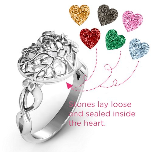 Family Tree Caged Hearts Ring with Infinity Band – Sterling Silver with Garnet, Emerald, Aquamarine, Citrine, Smokey Quartz, and Pink Tourmaline