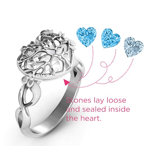 Family Tree Caged Hearts Ring with Infinity Band – Sterling Silver with Blue Topaz and Aquamarine