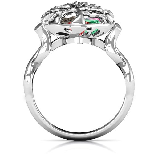 Family Tree Caged Hearts Ring with Infinity Band – Sterling Silver with Garnet, Emerald, Aquamarine, Citrine, Smokey Quartz, and Pink Tourmaline