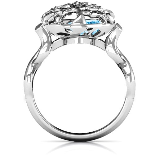 Family Tree Caged Hearts Ring with Infinity Band – Sterling Silver with Blue Topaz and Aquamarine