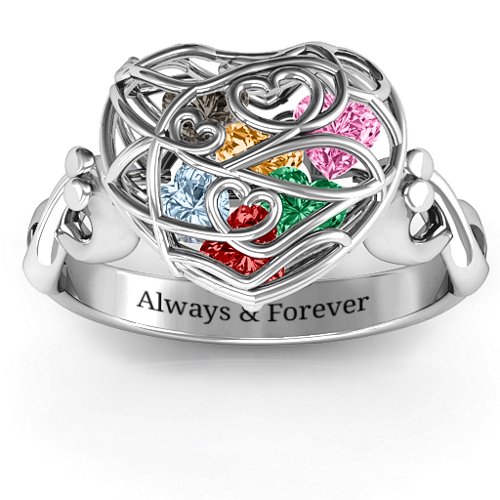 Encased in Love Caged Hearts Ring with Infinity Band – Sterling Silver with Garnet, Emerald, Aquamarine, Citrine, Smokey Quartz, and Pink Tourmaline