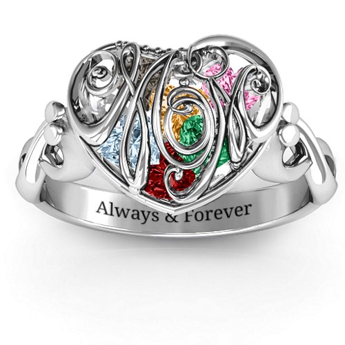 Cursive Mom Caged Hearts Ring with Infinity Band – Sterling Silver with Garnet, Emerald, Aquamarine, Citrine, Smokey Quartz, and Pink Tourmaline