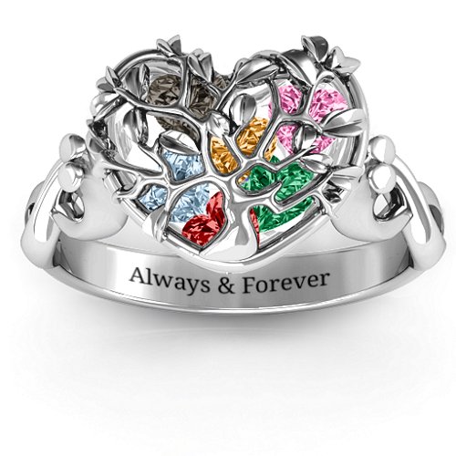 Family Tree Caged Hearts Ring with Infinity Band – Sterling Silver with Garnet, Emerald, Aquamarine, Citrine, Smokey Quartz, and Pink Tourmaline