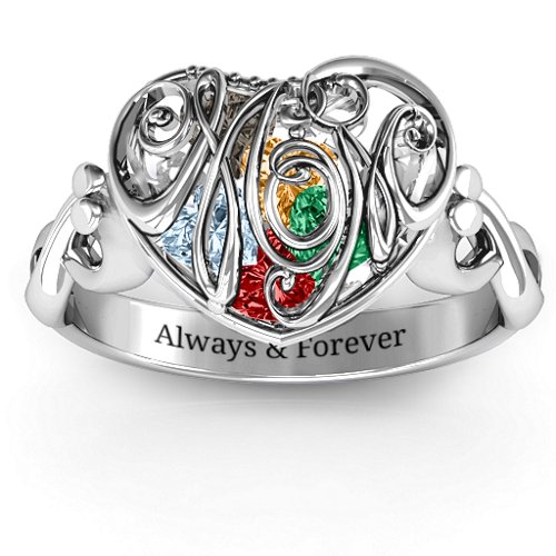 Cursive Mom Caged Hearts Ring with Infinity Band – Sterling Silver with Garnet, Emerald, Aquamarine, Citrine, and Smokey Quartz