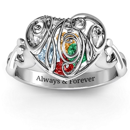 Cursive Mom Caged Hearts Ring with Infinity Band – Sterling Silver with Garnet, Emerald, Aquamarine, and Citrine