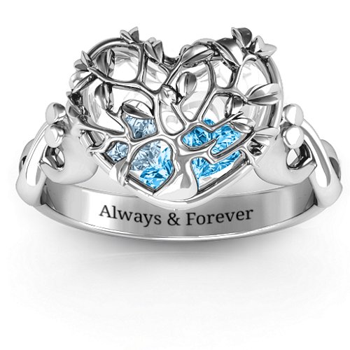 Family Tree Caged Hearts Ring with Infinity Band – Sterling Silver with Blue Topaz and Aquamarine