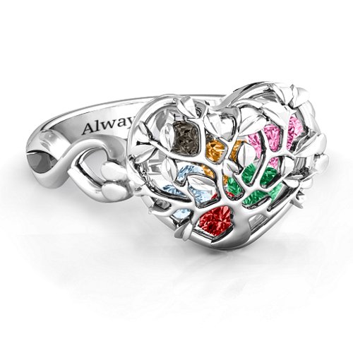 Family Tree Caged Hearts Ring with Infinity Band – Sterling Silver with Garnet, Emerald, Aquamarine, Citrine, Smokey Quartz, and Pink Tourmaline