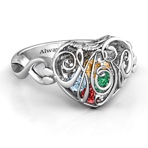 Cursive Mom Caged Hearts Ring with Infinity Band – Sterling Silver with Garnet, Emerald, Aquamarine, Citrine, and Smokey Quartz
