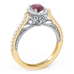 Classic Diamond Engagement Ring with Pave Accented Halo and Initial Setting - "The Brigitte" in 10K Solid Yellow Gold with 07RUBY-OV-0.50 and Lab Diamond