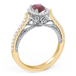Classic Diamond Engagement Ring with Pave Accented Halo and Initial Setting - "The Brigitte" in 10K Solid Yellow Gold with 07RUBY-OV-0.50 and Lab Diamond